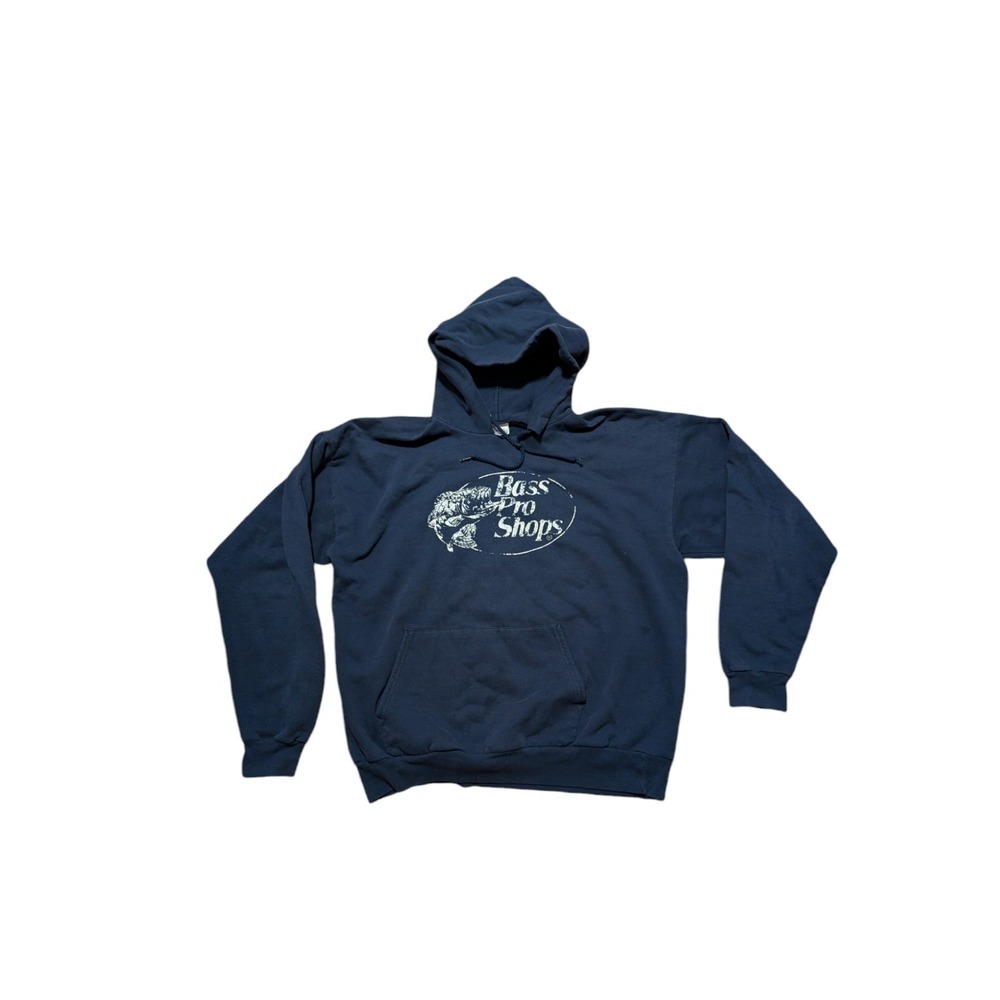 Vintage Bass Pro Shops Hooded Sweatshirt Hoodie Navy Blue Size XL 90s Distressed